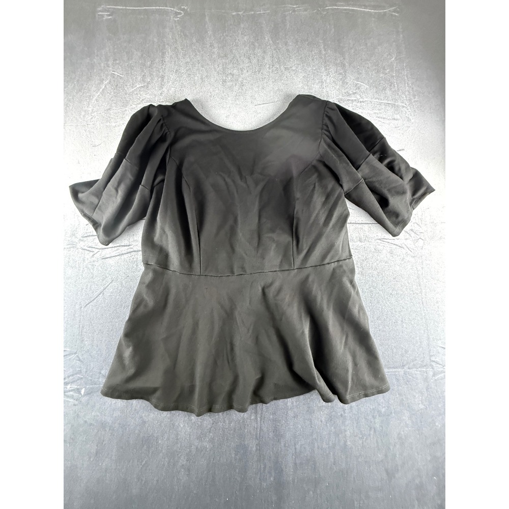 Eloquii Black Puff Sleeve Peplum Top V-Back Ponte Knit Size 20